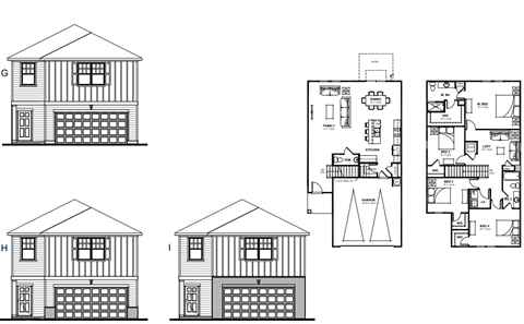 three dimensional views of a house with a floor plan and elevations